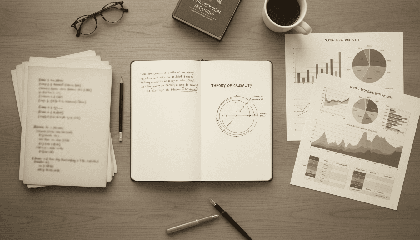 Overhead view of research notes and charts spread across a desk