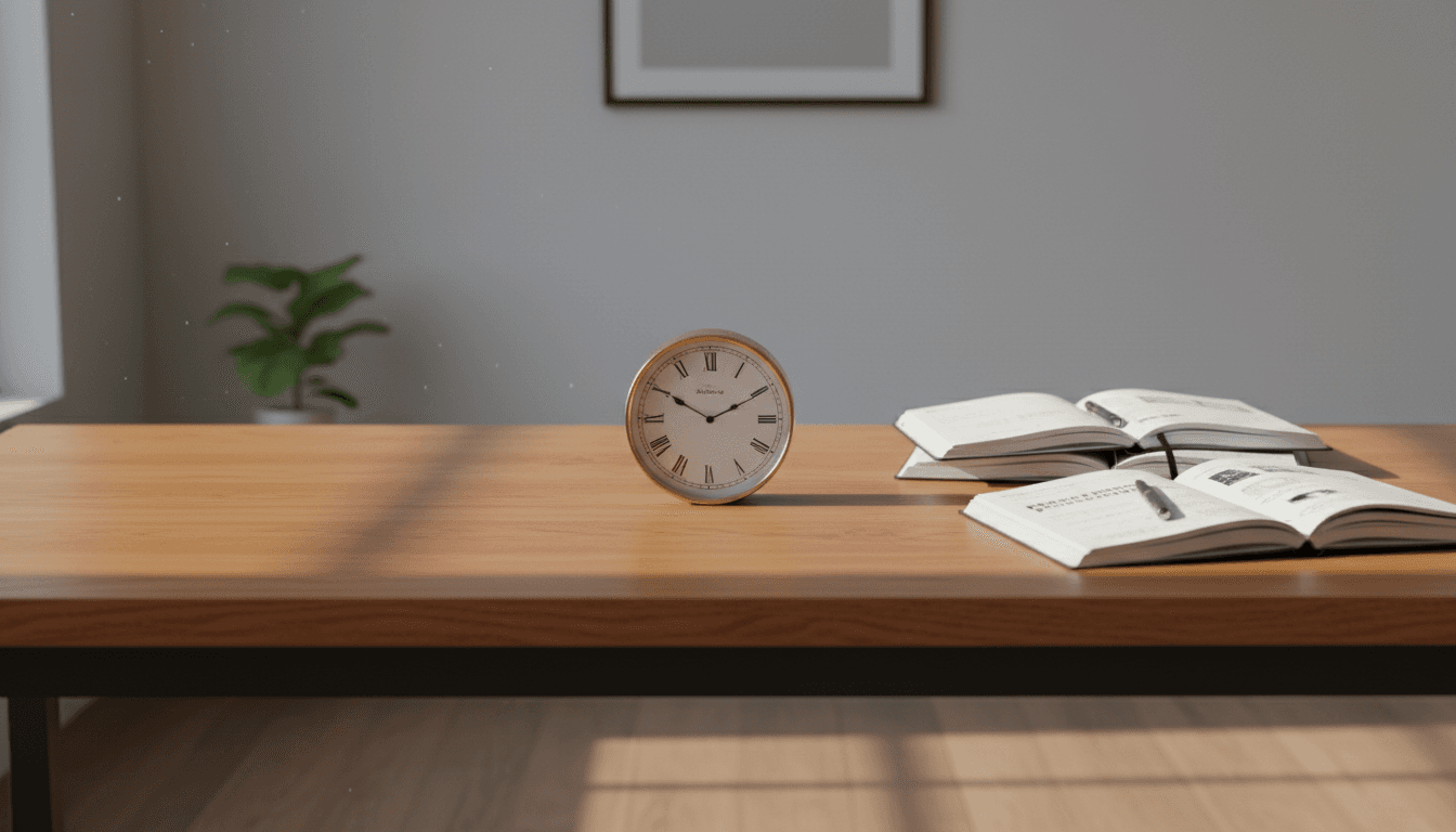 Quiet professional desk with a brass clock and open notebooks