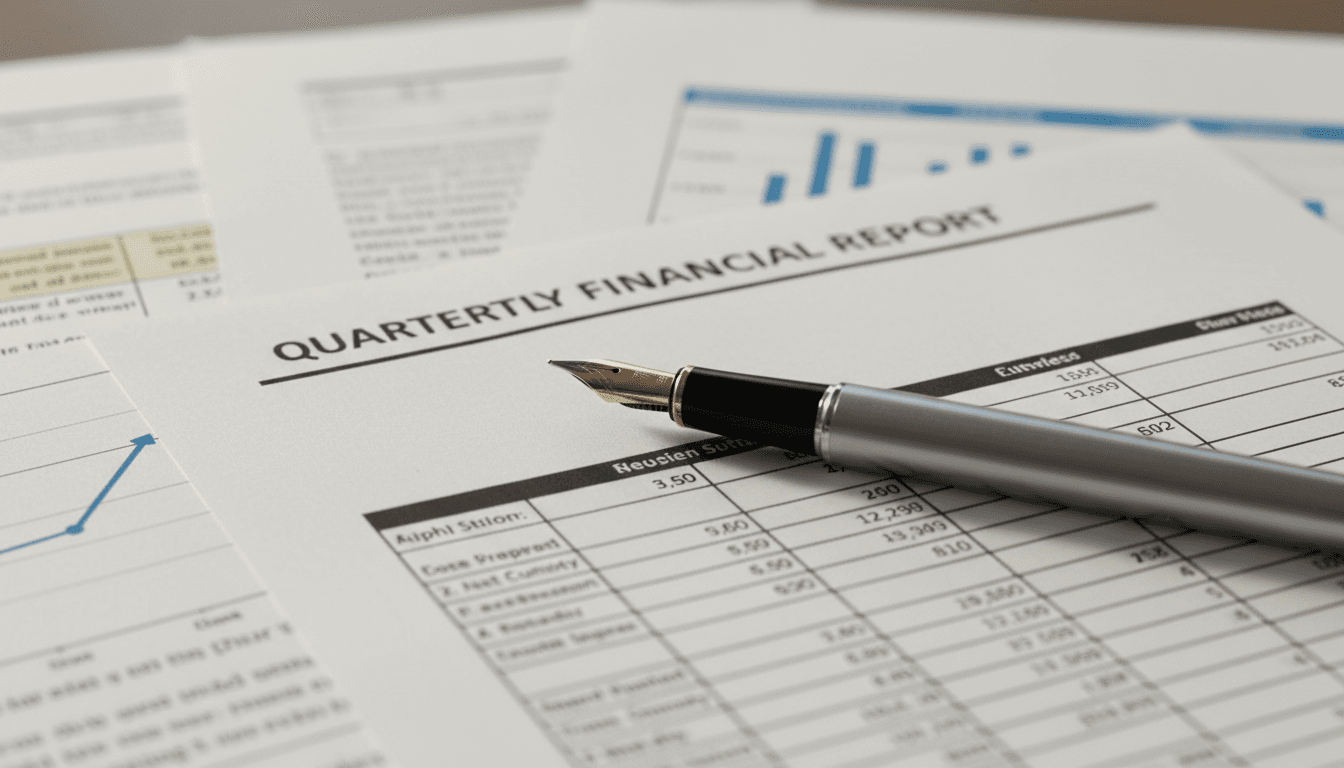 Close-up of financial documents and spreadsheets with a pen resting on the page