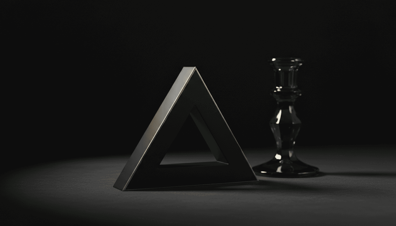 Matte black Penrose triangle sculpture with gold light accent on dark surface