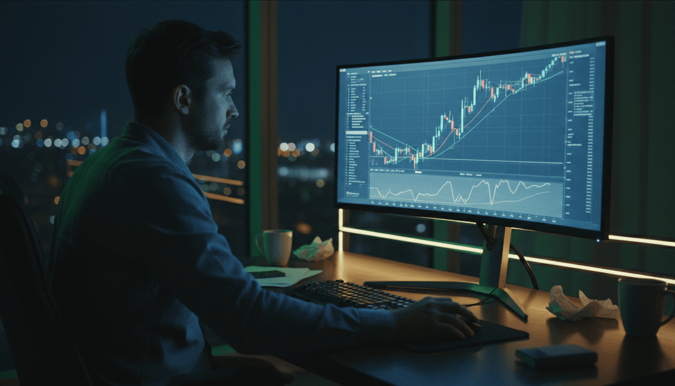 Person studying charts on a large monitor in a dimly lit office