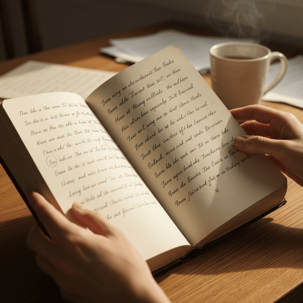 Hands writing in a leather journal with a gold pen