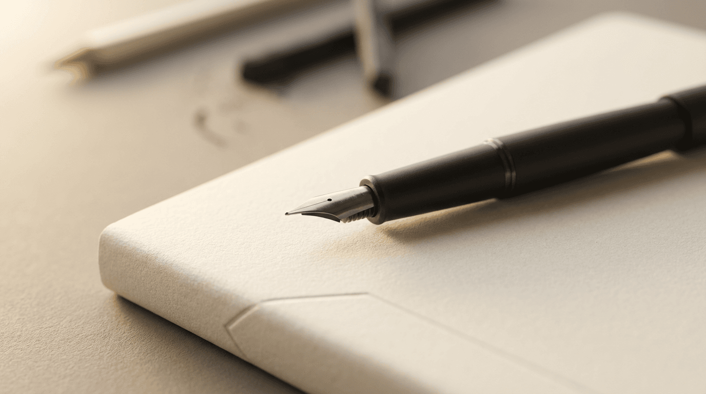 A dark, elegant desk with a gold pen and open notebook, suggesting thoughtful correspondence