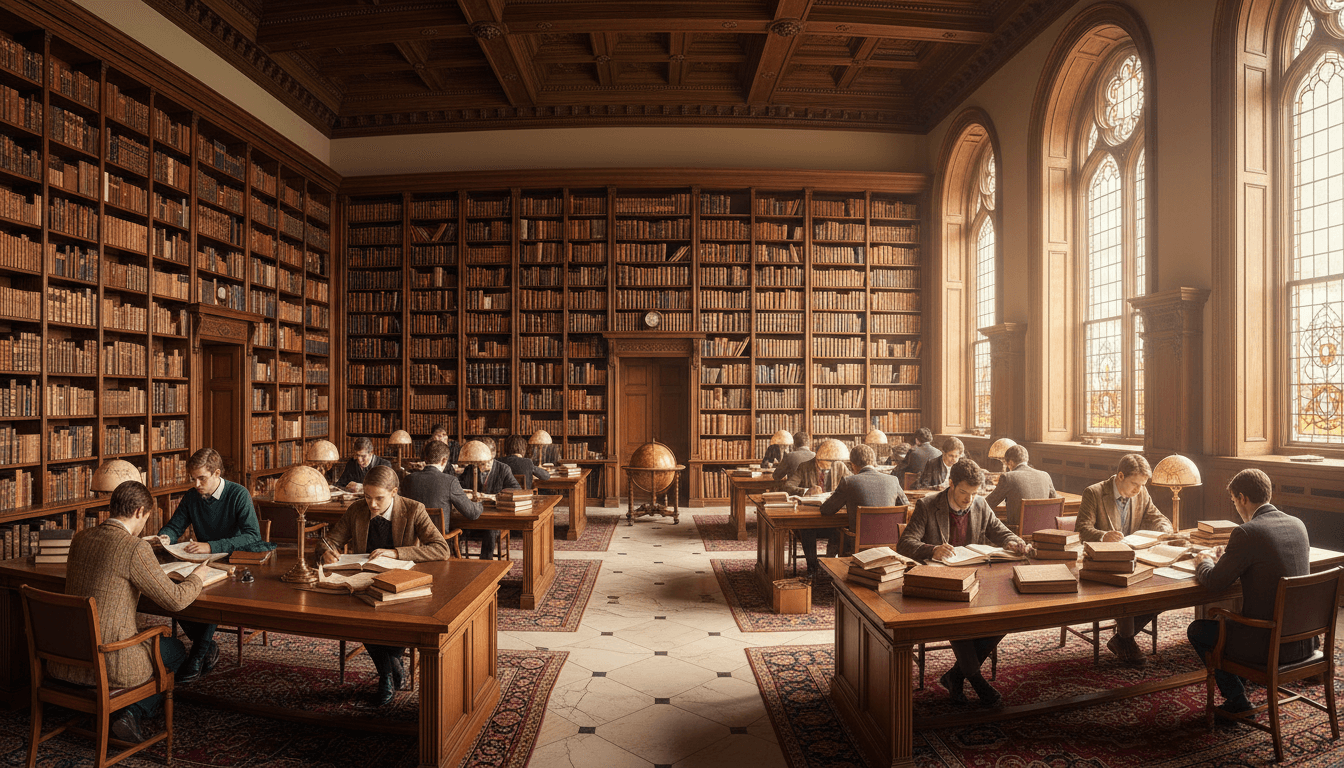 Quiet research library with financial charts