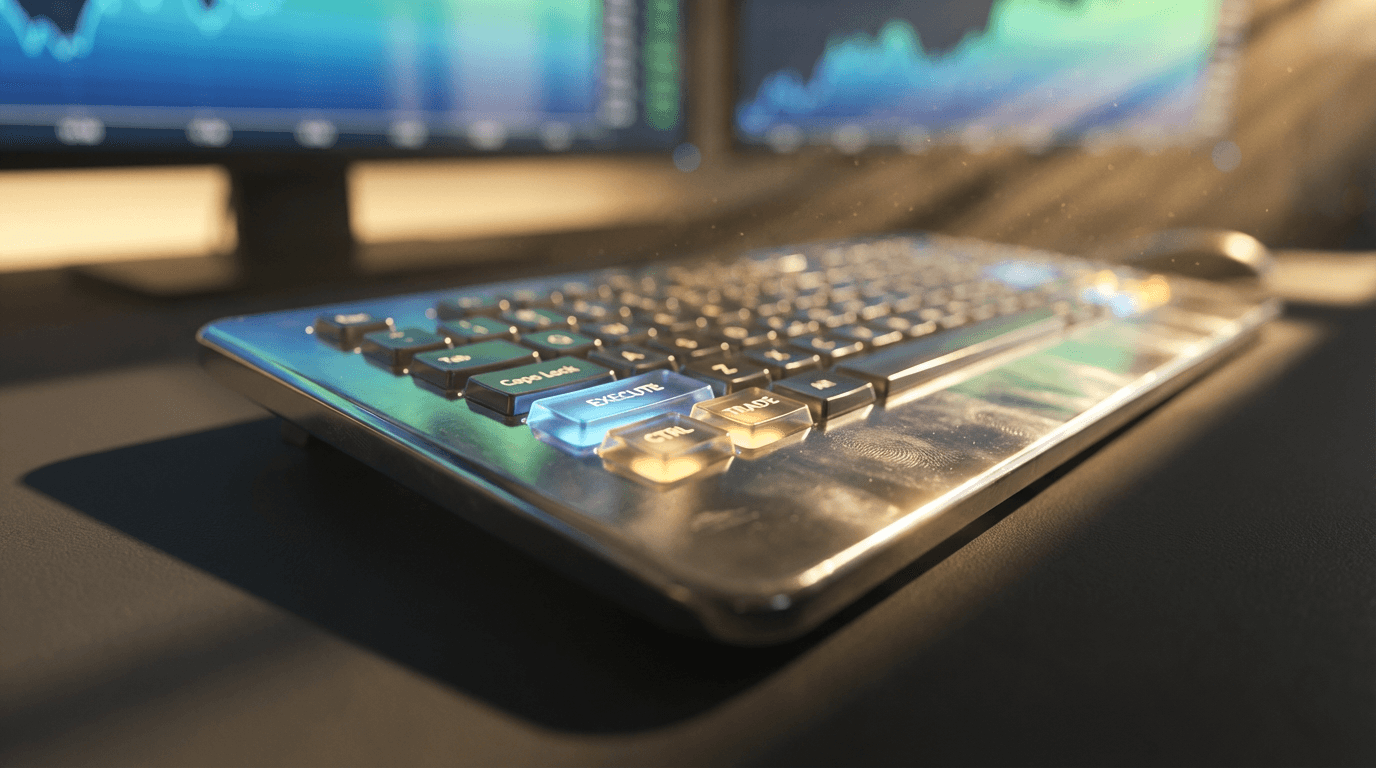Blurred view of a market data terminal with abstract candlestick patterns in amber and green