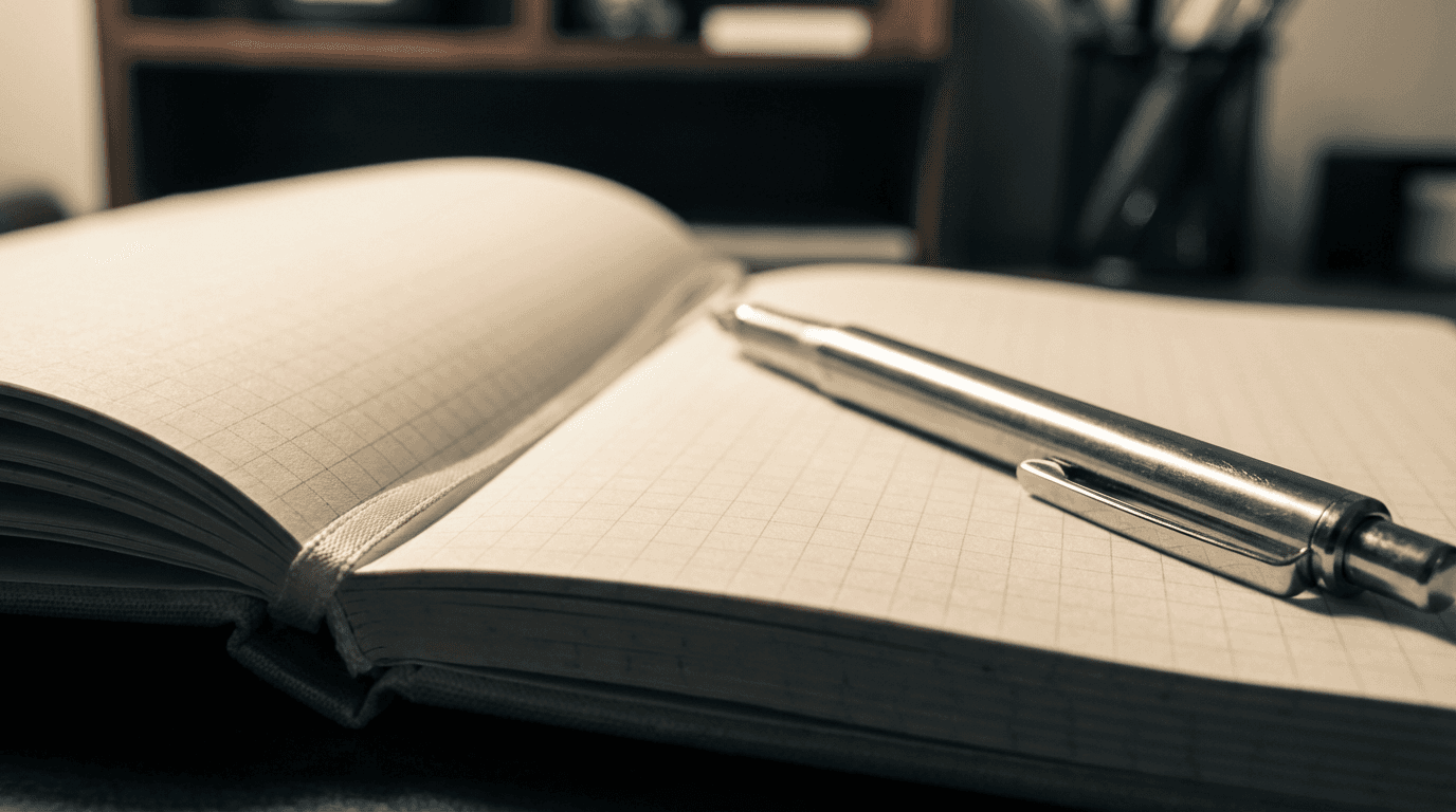 Matte black notebook and gold pen beside a metallic Penrose triangle on a dark surface
