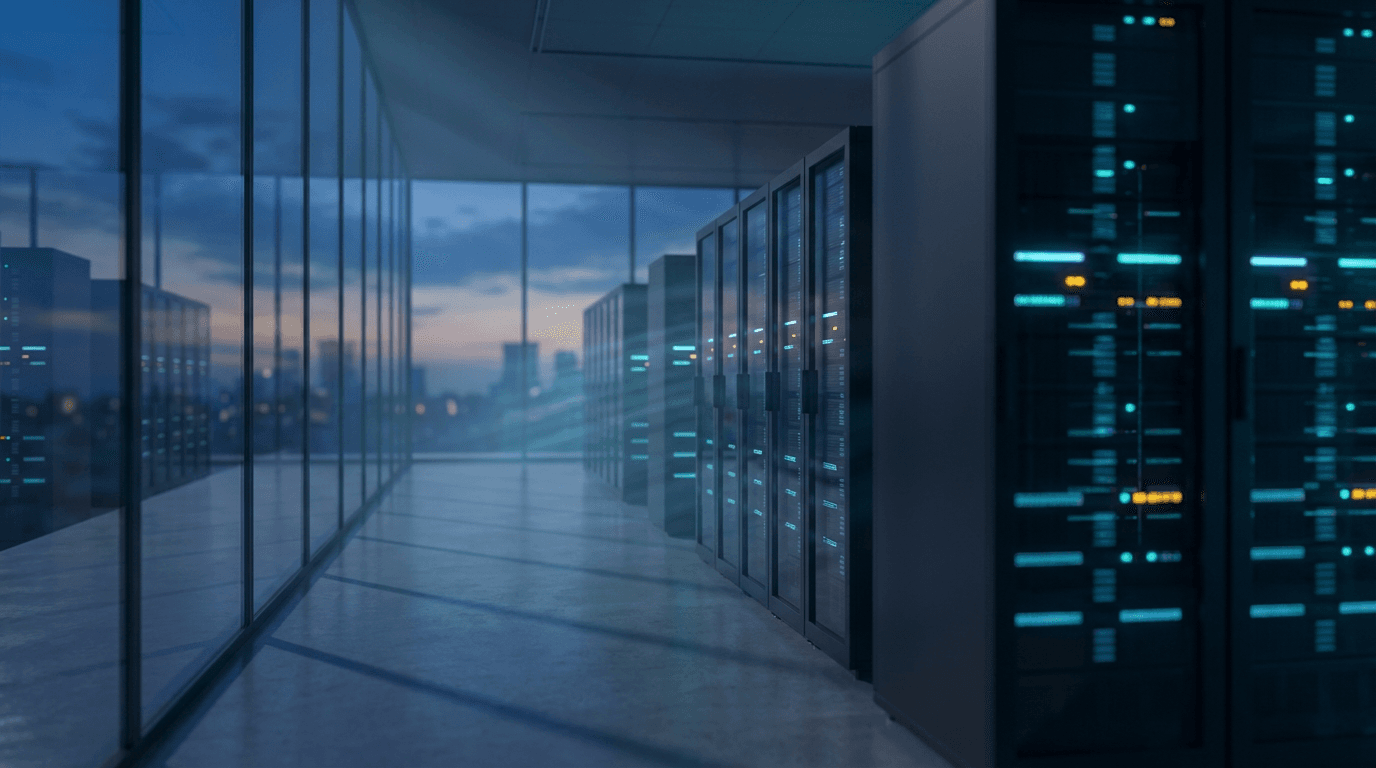 A long, dark server room corridor with green and gold lights on the server racks