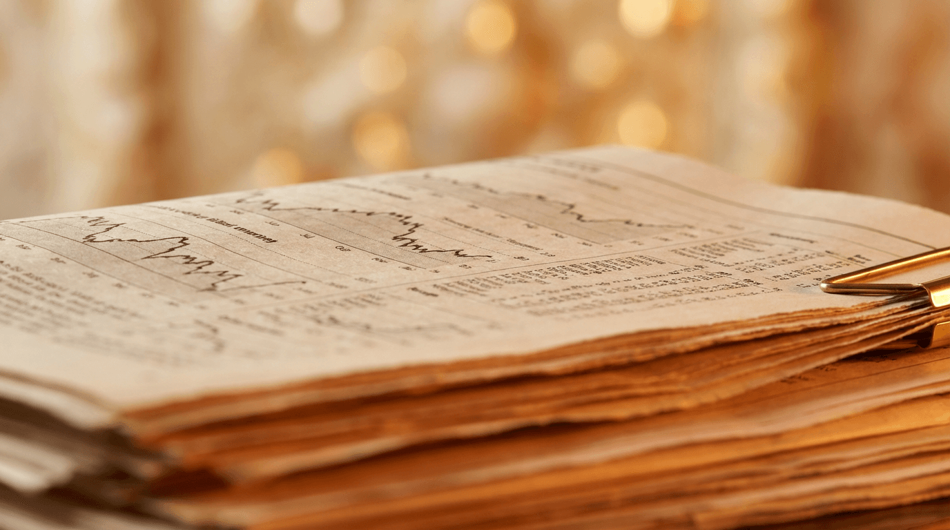 Open financial reports and handwritten notes on a dark desk