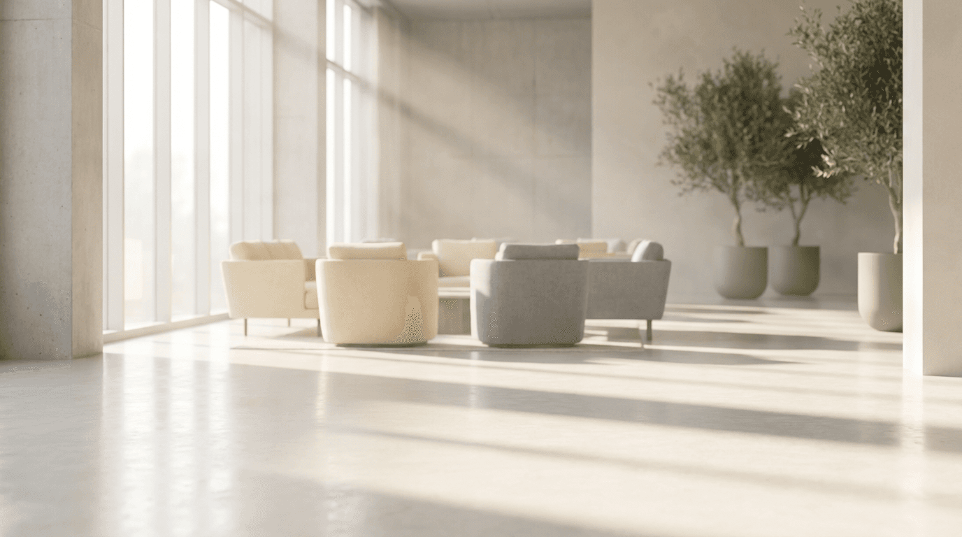 Two empty charcoal armchairs facing each other in a bright room