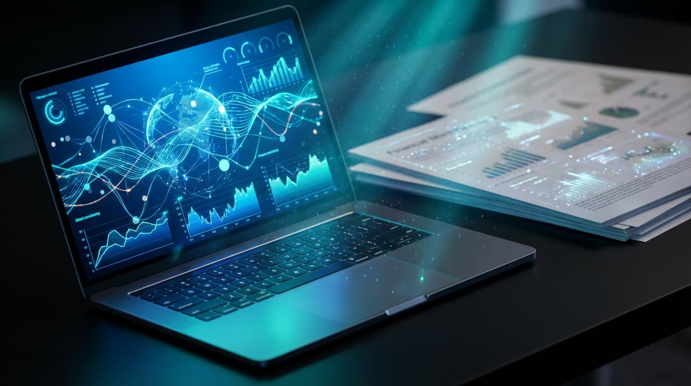 Close-up of a computer screen displaying a complex financial model with charts and data