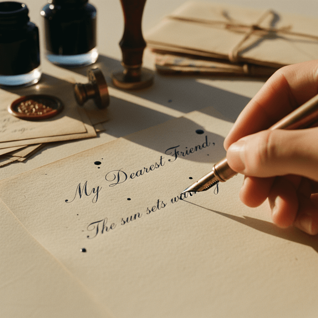 A hand writing with a gold pen on paper, close-up